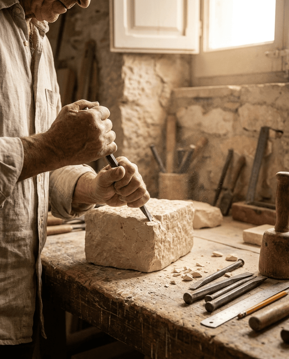 Mains d'un artisan tailleur de pierre au travail