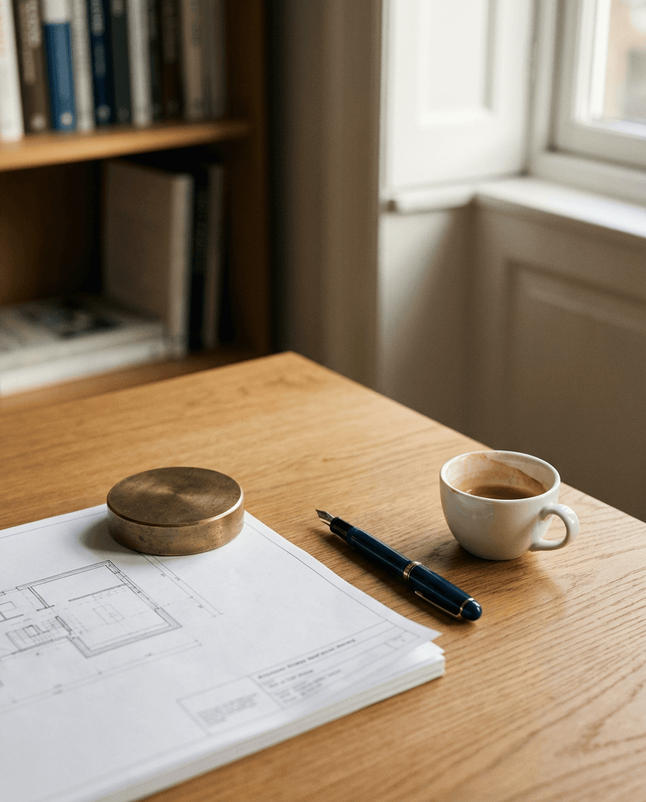 Bureau d'architecte avec carnet de croquis et plans posés sur une table en chêne